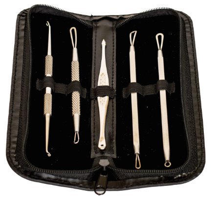 Blackhead and Blemish Remover Tool Kit - Stainless Steel Acne Extractor Tool Kit by Rustin Enterprises - Set of Five Professional Surgical Extractor Instruments - Easily Cure Pimples Blackheads Comedones Acne and Facial Impurities