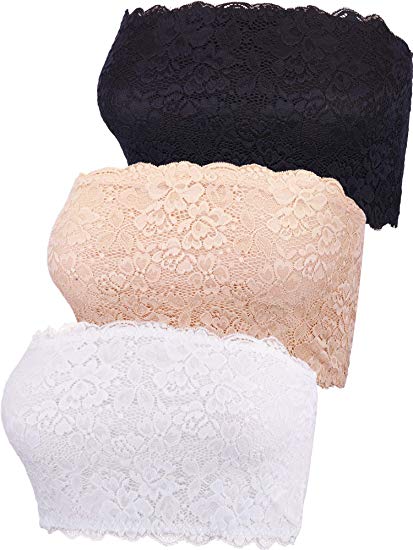 Boao 3 Pieces Women's Floral Lace Tube Top Bra Bandeau Strapless Bras Seamless Stretchy Chest Wrap