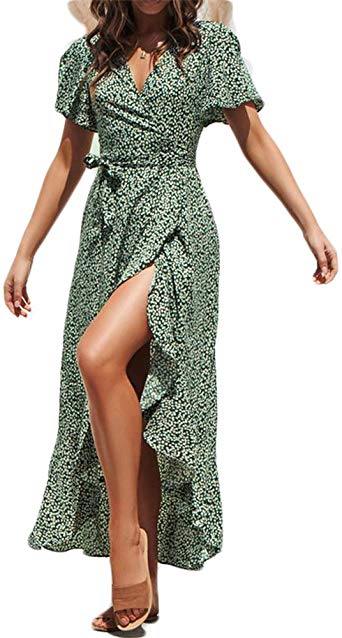 ROVLET Women's Bohemian Floral Printed Chiffon Wrap V Neck Short Sleeve Split Beach Party Maxi Dress