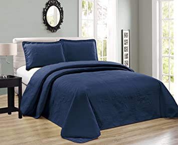 Mk Collection 3pc King/California King Oversize Luxurious Embossed Coverlet Bedspread Set Solid Navy Blue New