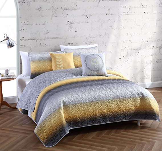 Avondale Manor 4-Piece Cypress Quilt Set, Twin Quilt Comforter Set, Lightweight Ultra-Soft Microfiber, Reversible Comfortable Bedding Set, Hypoallergenic Bedspread, Twin, Yellow/Grey