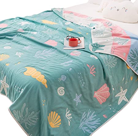 J-pinno Coral Conch Starfish Shell Muslin Blanket Reversible 100% Cotton 6 Layer Quilt Bed Blanket Soft Warm Throw Sofa Couch Toddler Kids Cartoon Travel Coverlet Sheet (Sea, F/Q 76" X 88")