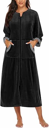 Ekouaer Robe for Women Velour Zipper Robe 3/4 Sleeves Housecoat Full Length Loungewear Long Bathrobe with Pockets