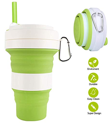 Collapsible Silicone Cup - Idealife Drinking Cup Foldable Cup with 3 Adjustable Capacities, BPA Free, Portable Folding Cup for Travel Camping Hiking Office, Max Up to 550ml (Matcha Green)
