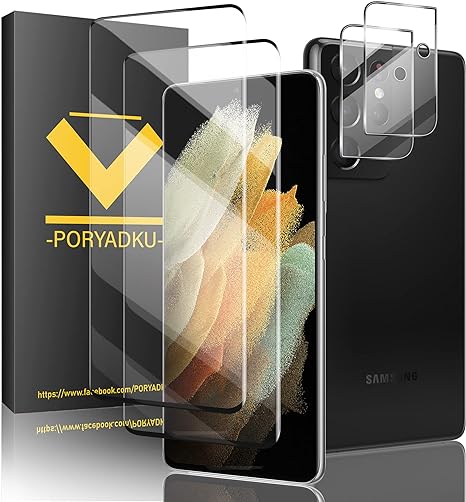 [2 2 Pack] Tempered Glass for Samsung Galaxy S21 Ultra Screen Protector[2 Pcs]  Camera Lens Protector[2 Pcs], Easy installation, Fingerprint Compatible with S21 Ultra Screen Protector Tempered Glass