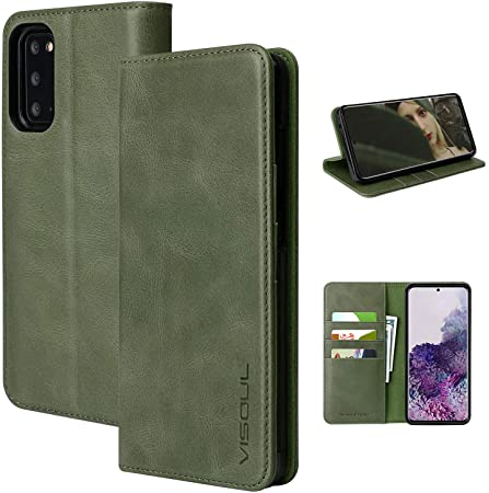 Visoul Leather Wallet Case for Samsung Galaxy S20 5G with [Card Slots][Kickstand View] Genuine Leather Phone Folio Case with Magnetic Closure for Galaxy S20 6.2 Inch (Green)