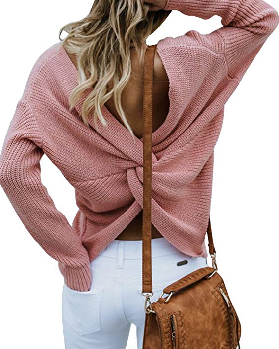 LANISEN Women Casual Back Criss Cross V Neck Long Sleeve Loose Knitted Sweater Pullovers