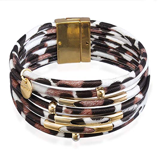 wowshow Leopard Leather Bracelet for Women Multilayer Wrap Bracelet Wide Cuff with Magnetic Clasp