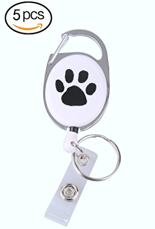 5 Pack Dog Paw Retractable ID Badge Holder Reels With Belt Clip Key Ring White