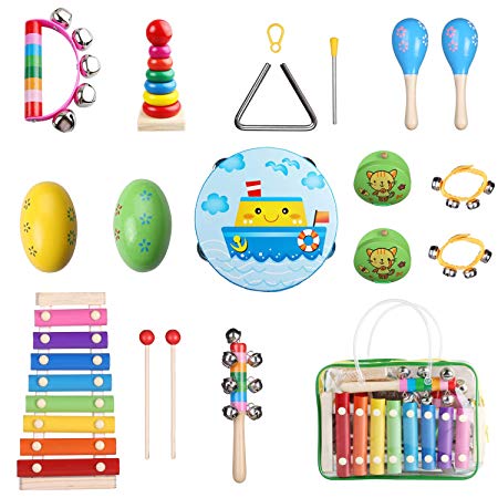 Childom Kids Musical Instruments, 17 Pcs Wooden Percussion Instruments for Kids Preschool Educational, Musical Instruments Sets with Xylophone for Children (17 Pcs)