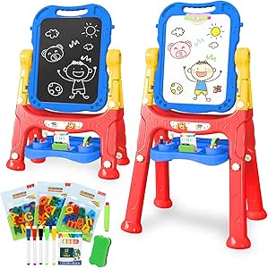 TOY Life Easel for Kids Art Easel for Toddler Easel - 4in1 Double-Sided Large Magnetic Board Kids Chalkboard Easel Drawing White Board for Kids Magnetic Letters & Numbers Birthday Gifts for Kids