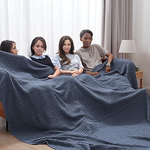 PHF 100% Cotton Waffle Weave Blanket Oversized King 120"x120"- Giant Big Lightweight Blanket 10'x10' for Bed Sofa - Aesthetic Extra Large Washed Cotton Soft Blanket - Dark Navy