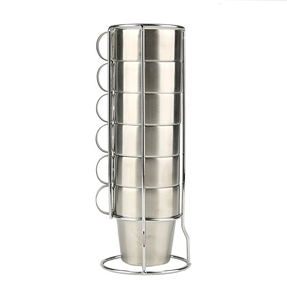 Mirenlife 6 Pieces Stackable Stainless Steel Coffee Cups, Tea Cups with Stainless Steel Handle, Double Layer Heat Insulated Cups and Metal Stand