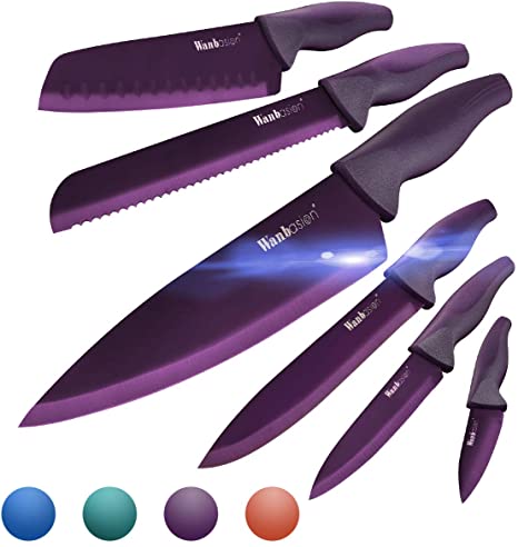Wanbasion Purple Professional Kitchen Knife Chef Set, Kitchen Knife Set Stainless Steel, Kitchen Knife Set Dishwasher Safe with Sheathes