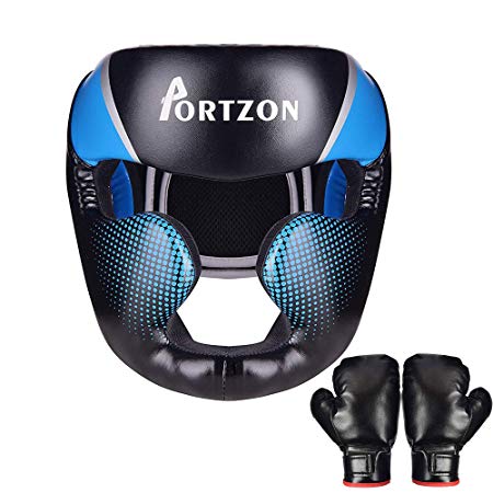 Portzon Boxing Headgear, Sparring Helmet Head Guard MMA Protector Headgear with Boxing Gloves