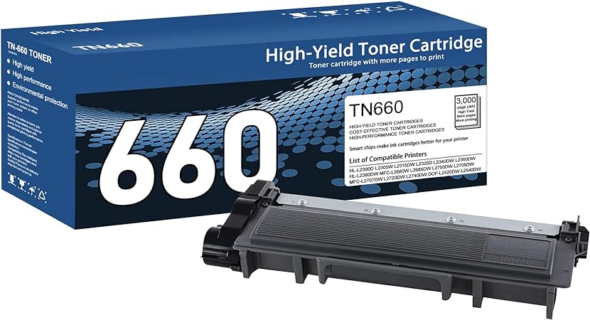 TN660 High Yield Toner Cartridge, TN-660, Replacement for Brother TN660 Black Toner, Page Yield Up To 3,000 Pages, 1 Pack