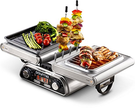 Gourmia GDG1900 Digital Dual Indoor Grill, Folds for Double Sided Steak Grilling, 10 in 1 Grill & Cook System, Expanded Accessory Kit Includes Grilling Basket, Kebab Rack & More, Free Recipe Book