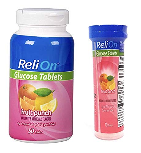 ReliOn Glucose, 50 Tablets with On-The-Go Tube, 10 Tablets. (Fruit Punch)