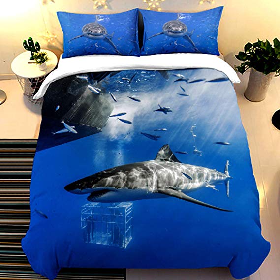 Shark Style 3D Digital Print Bedding Sets with 2 Pillowcases Ocean of Fish Creative Cartoon Shark Print Duvet Cover Sets Soft Microfiber 3Pcs Quilt Cover with Zipper Closure Queen Size 90" x 90"