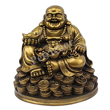 Petrichor Fengshui Laughing Buddha Sitting on Lucky Money Coins carrying Golden Ingot for Good luck & Happiness (5 Inches)