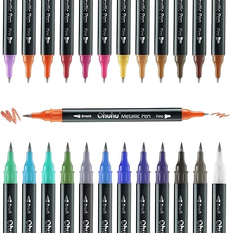 Ohuhu Metallic Marker Pens Dual Tips Brush Fine Point 24 Colors Water-based Paint Shimmer Markers for Black Paper Glass Rock Card Making Scrapbook Crafts Easter Egg Halloween Pumpkin Ceramics DIY