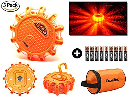 ExcelTek LED Road Flares (3-Piece Set) Emergency Roadside Safety Kit Flashing Light Beacon | 9 Flashing Modes | High Intensity Lighting | Battery Powered | Includes Travel Carrying Bag and Batteries