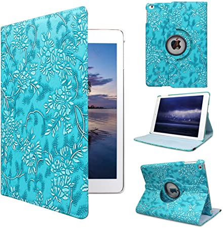 iPad 10.2 Case 2019 iPad 7th Generation Case for ipad Model mw752ll/a A2197 A2200 A2198 Case, 360 Rotating Stand-Auto Sleep/Wake Blue Embossed Flowers