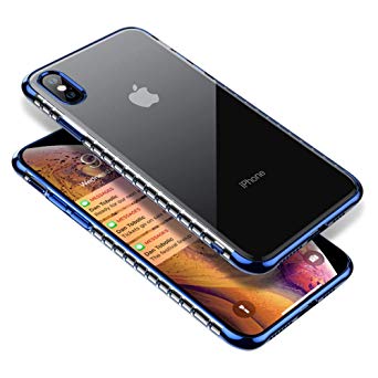 for iPhone Xs Max Clear Case, Slim Thin Silicone Protective Armor for Women Men, [Full Body Shockproof] Cute Transparent Soft TPU with Plated Bumper Back Case Cover for i-Phone Xs Max 6.5 Inch, Blue