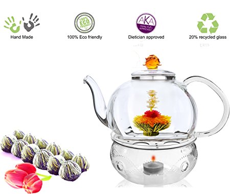 Glass Teapot with Tea Warmer Lead Free Special Glass No Drip by Tea Beyond (Glass, 50 oz Amber Detox 12cts)