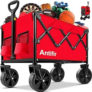 Collapsible Folding Wagon Cart, Portable Garden Wagon Cart All Terrain with Large Capacity, Heavy Duty Foldable Utility Wagon Cart for Groceries, Sports, Shopping, Camping Outdoor, Red