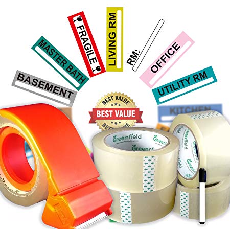 Moving Supplies Set | 200 Color Coded Moving Labels For Moving Boxes | 4 Heavy Duty Packing Tape Rolls | Tape Dispenser | Permanent Marker | Packing Storage Stickers
