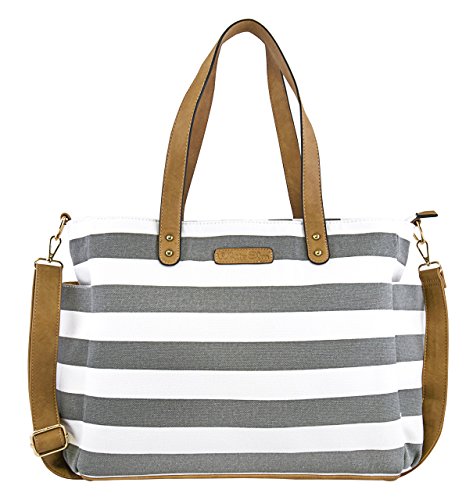 Gray Stripe Tote Bag by White Elm -The Aquila - Canvas & Vegan Leather, Zipper Closure & Crossbody Strap