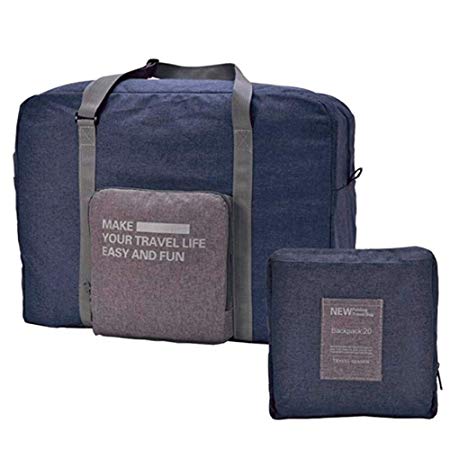 K Y KANGYUN Foldable Travel Bag Waterproof Travel Duffel Bag,Women Ladies Man Canvas Weekender Bag Overnight Carry-on Tote Duffel in Trolley Handle (Upgrade-Navy Blue) …