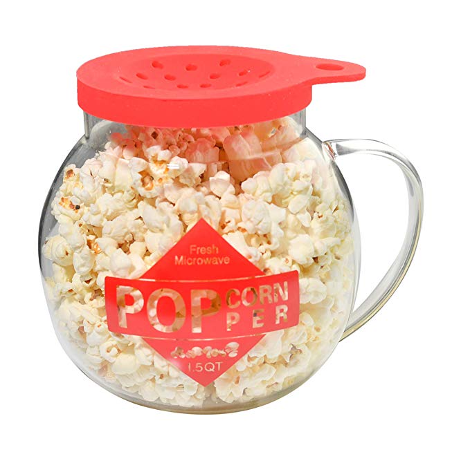 Home-X Microwave Popcorn Maker 1.5 Quart Microwavable Popper | Temperature Safe Glass, Snack Size, Red