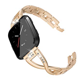 TOYOUTHS Bling Bracelet Compatible with Fitbit Versa Bands for Women Stainless Steel Wristbands Replacement for Versa Lite Special Edition Accessories Metal Strap Champagne Gold