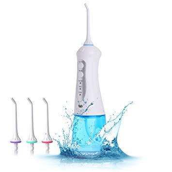 Water Flosser, BESTEK Electric Portable Oral Irrigator Mouthwash Rechargeable, 200ml Detachable Water Tank, IPX7 Waterproof for Travel & Home Use, 3 Modes 4 Nozzles, White