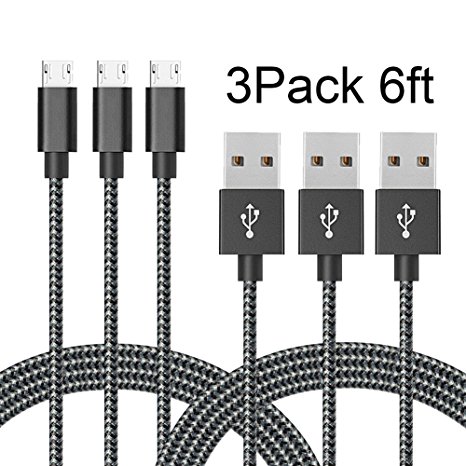 WZS Micro USB Cable,3Pack 6FT Long Nylon Braided High Speed 2.0 USB to Micro USB Charging Cables Android Charger Cord for Samsung Galaxy S7 Edge/S6 Edge/S4/S3,Note 5/4/3,HTC,LG,Nexus (Black White)
