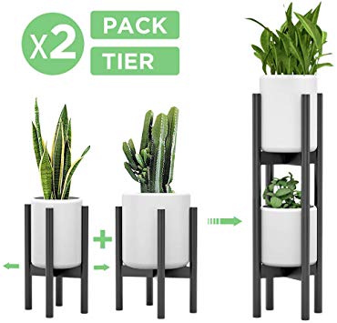 2 Pack Indoor Plant Stands, 2 Tier Tall (30 inches) Mid Century Modern Bamboo Wood Plant Stand, Adjustable Width 8 to 12 inches, Fits Pot Size of 8 9 10 11 12 inches (Pot & Plant Not Included), Black