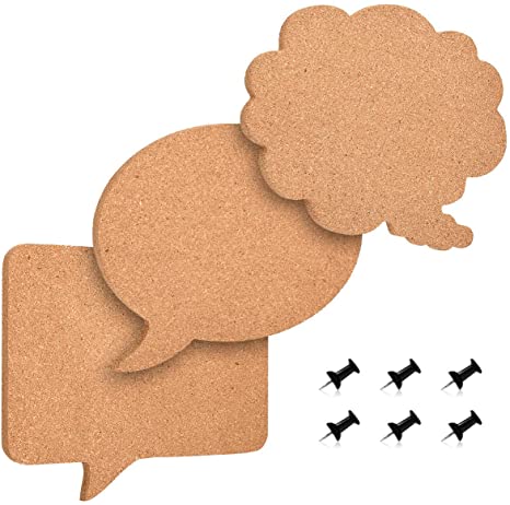 Navaris Cork Memo Board Set - 3X Pieces Decorative Cork Boards in Different Speech and Thought Bubble Shapes with Push Pins for Kitchen, Home, Office