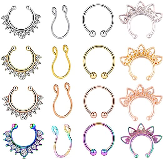16pcs Fake Nose Rings Hoop Stainless Steel Faux Fake Lip Ear Nose Septum Ring Non-Pierced Clip On Nose Hoop Rings