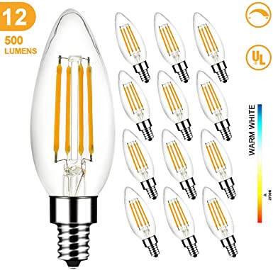 LED Light Bulbs 60W Equivalent, MEGAMAN B10 E12 5W 2700K Dimmable Candelabra Led Bulbs for Ceiling Fan and Chandelier, 500LM, CRI85, UL Listed, (12-Pack)