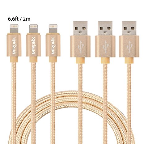 MTRONX™ 3-Pack 6.6FT Nylon Braided Lightning to USB Sync & Charging Cable with Aluminum Connector for Apple iPhone SE/5/5s/5c 6/6s Plus, iPad mini/Air/Pro iPod touch iOS9 - Gold(UL-GD-222)