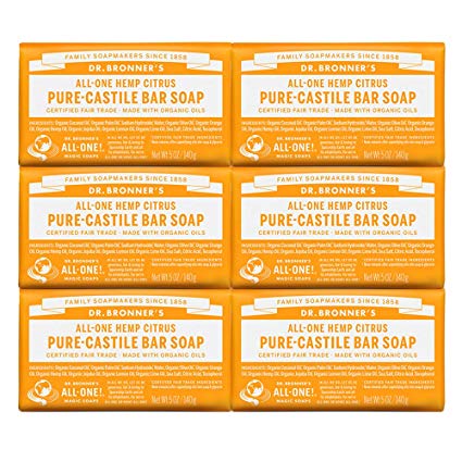 Dr. Bronner’s - Pure-Castile Bar Soap (Citrus, 5 ounce, 6-Pack) - Made with Organic Oils, For Face, Body and Hair, Gentle and Moisturizing, Biodegradable, Vegan, Cruelty-free, Non-GMO