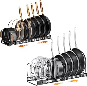 MUDEELA Pots and Pans Organizer : Rack for under Cabinet and Expandable Rubber-dipped Pans and Pots Lid Organizer Rack for Cabinet Bundle