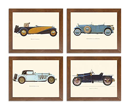 Painting Mantra Framed Poster of 'Vintage Car,Bugatti-Mercedes-Delage-Hispano' Framed Art Print Set of 4.