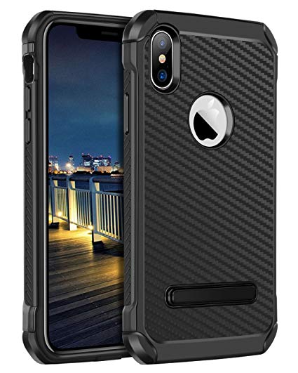 BENTOBEN iPhone X Case, Protective Carbon Fiber Texture Phone Cases, 2 in 1 Heavy Duty Hard PC Cover Soft TPU Bumper Shockproof Phone Case Cover with Kickstand -Black