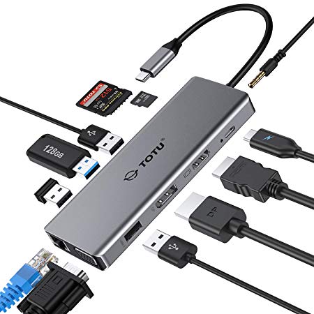 USB C Hub, TOTU 12 in 1 Type C Hub Dongle to Ethernet, 4K HDMI & DP, VGA,2 USB3.0/2 USB2.0/75W PD/SD&TF Card Reader/Mic&Audio for Mac Book&Type C Laptops (Only Windows Laptops Support Triple Display)