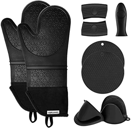 TOPLANET Extra Long Silicone Oven Mitts and Pot Holders Sets, Heat Resistant Oven Mitts with Quilted Liner, Mini Oven Gloves, Trivet Mat, Hot Handle Holder for Kitchen Baking Cooking, Black, Pack of 9