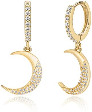 Moon & Star Dangle Hoop Earrings for Women Girls 14K Gold Plated Cubic Zirconia Dainty Huggie Earrings for Her