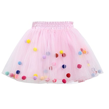 GoFriend Tutu Skirt Baby Girls Tulle Princess Dress 4-Layer Fluffy Ballet Skirt With Pom Pom Puff Ball